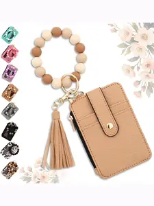 Silicone Beaded Bracelet Keychain Wallet, PU Leather Multi-Card Holder with Fringe, Portable ID Bus Card Organizer, Casual All Seasons Accessory