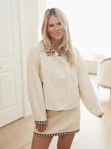 Ivy Cream Set - Soft Cream Denim Mini Skirt & Jacket Duo with Brown Gingham Accents Long Sleeve Classic Look Zip & Snap Closure