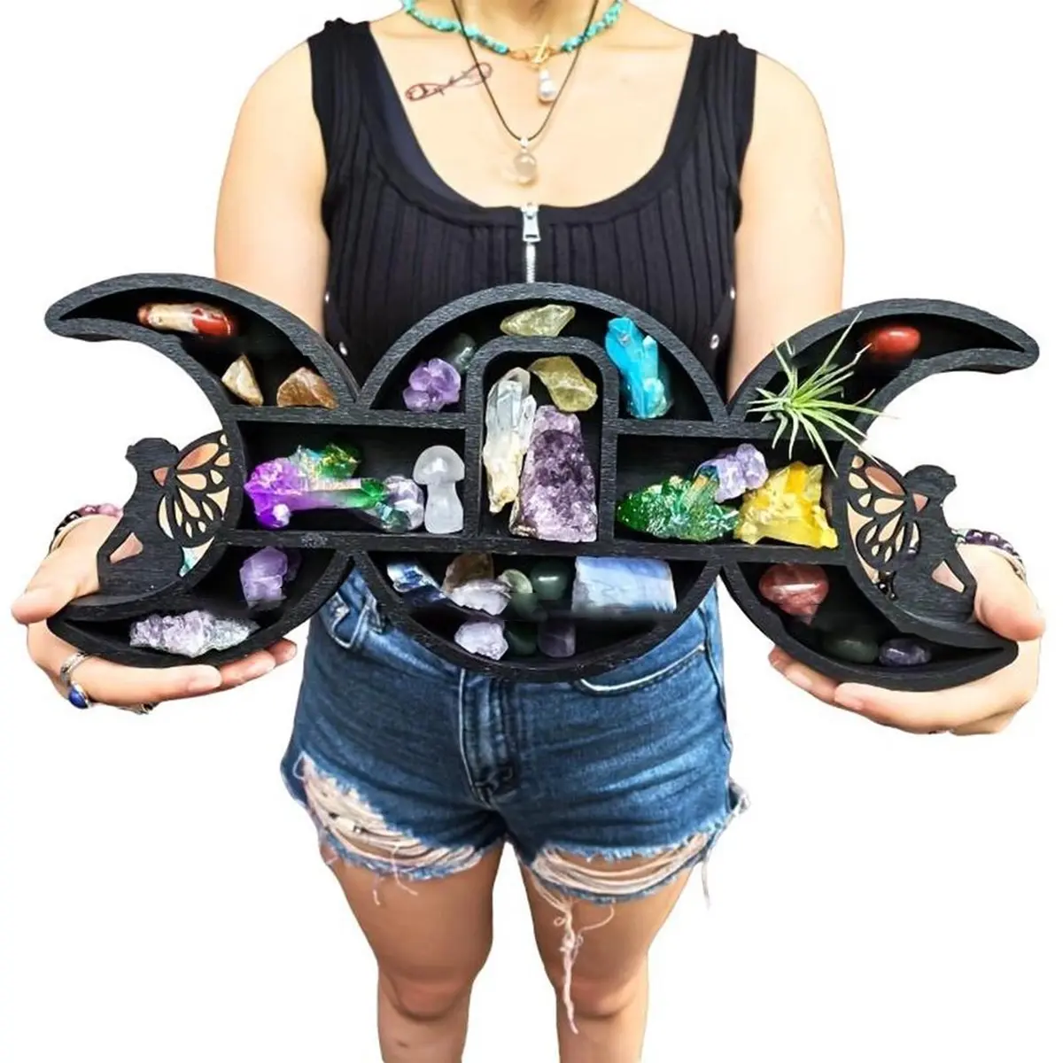 1pc Wooden Butterfly Moon Shelf For Crystals, Crescent Moon Crystal Shelf, Decorative Crystal Storage & Wall Hanging Shelves, Wall Mounted Organizer, Space Saving Design, For Bedroom Aesthetic, Moon Phase Wall Decor & Crystal Display Shelf, Black Gift