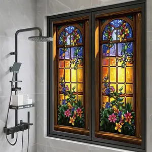 Static Cling Window Sticker, Colorful Floral Pattern Privacy Glass Sticker, Decorative Window Film for Home Office Bathroom Kitchen, Stained Glass Window Film, Ornaments