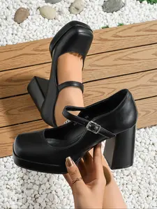 Women's Sexy Square Toe High Heel Shoes, PU Leather, Waterproof Platform, Spring & Fall Fashion, Casual Low Heels, Medium Width