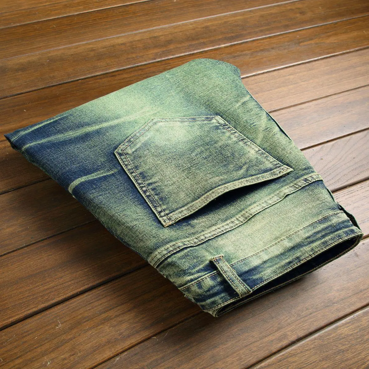 Men's Bleached Ripped Jeans in Ocean Green, Stylish Mid-Waist Straight Fit Pants in Stretch Denim for a Casual Street Fashion Look, Straight Jeans, Cotton