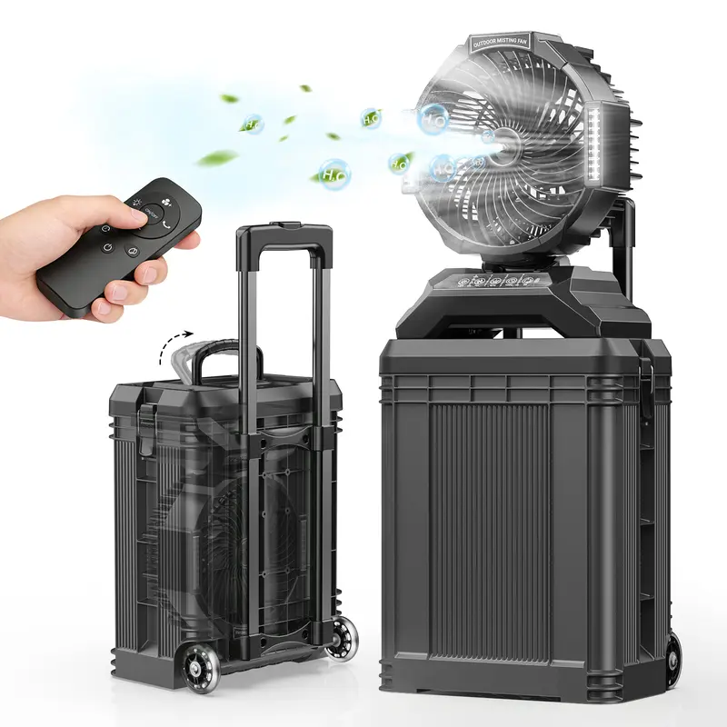 SprzAir 4 gal Large-Capacity Cordless Portable Rechargeable Misting Fan - 40000mAh Battery Powered, Retractable Handle, Full Remote Control, Oscillating, LED Light, Timer Auto Shutoff, Made for Outdoor Adventures, Tailgating, Golf
