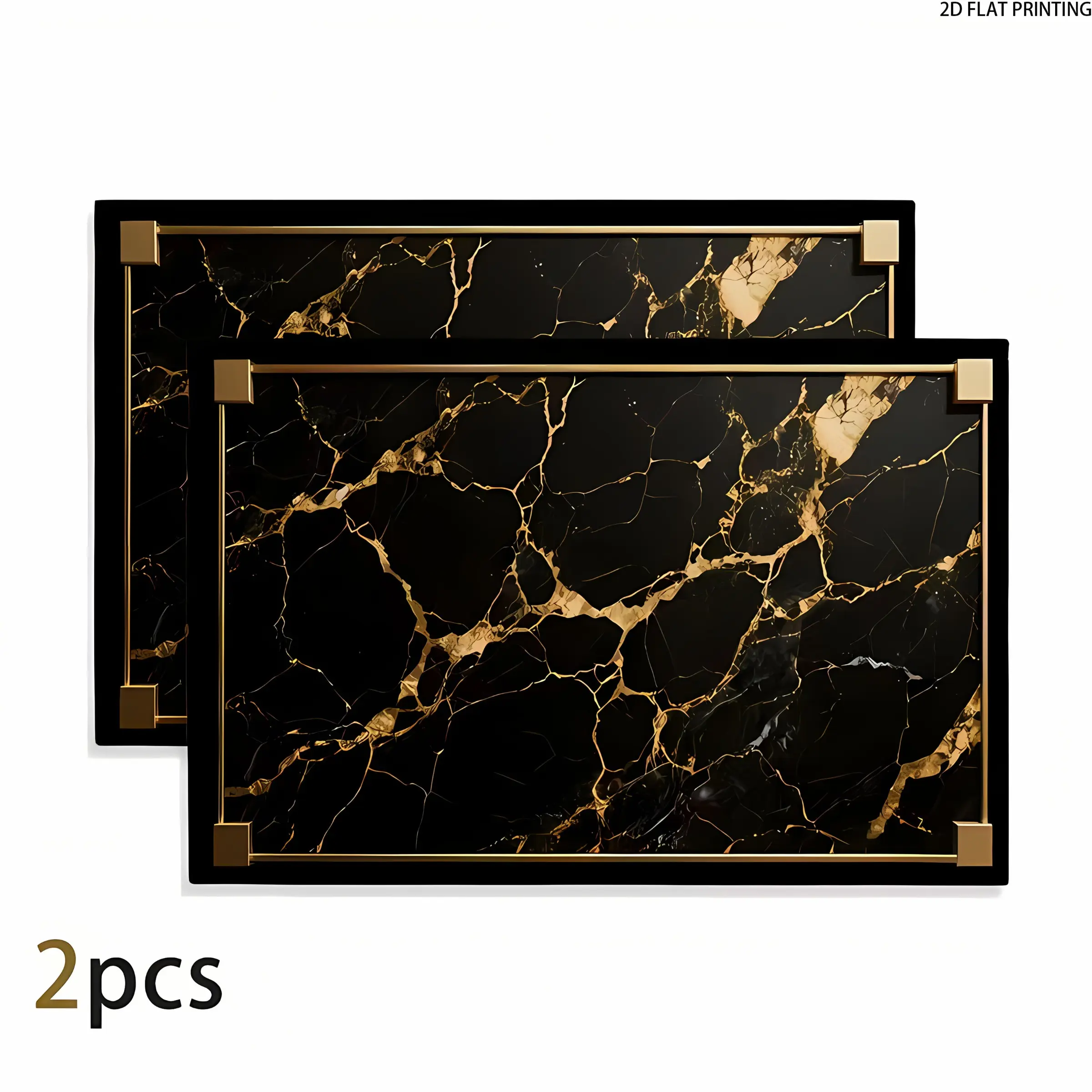 2D flat printing, 2-piece/4-piece set of black gold marble table mats, Kitchen decorative placemat, lightning crack design, anti slip placemats, rectangular placemats, durability, suitable for kitchen dining, home decoration