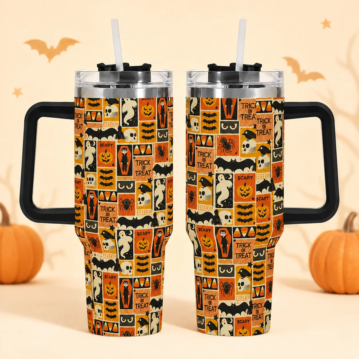 40oz Halloween Tumbler with Handle and Straw, Vintage Trick or Treat Pumpkin Ghost Bat Insulated Stainless Steel Travel Cup, Hot and Cold Car Cup Holder Mug, Halloween Gift for Women Men Daughter Son Friend