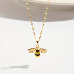 Stainless Steel Chain Necklace with Cute Yellow Striped Bee Pendant for Women Everyday Jewelry