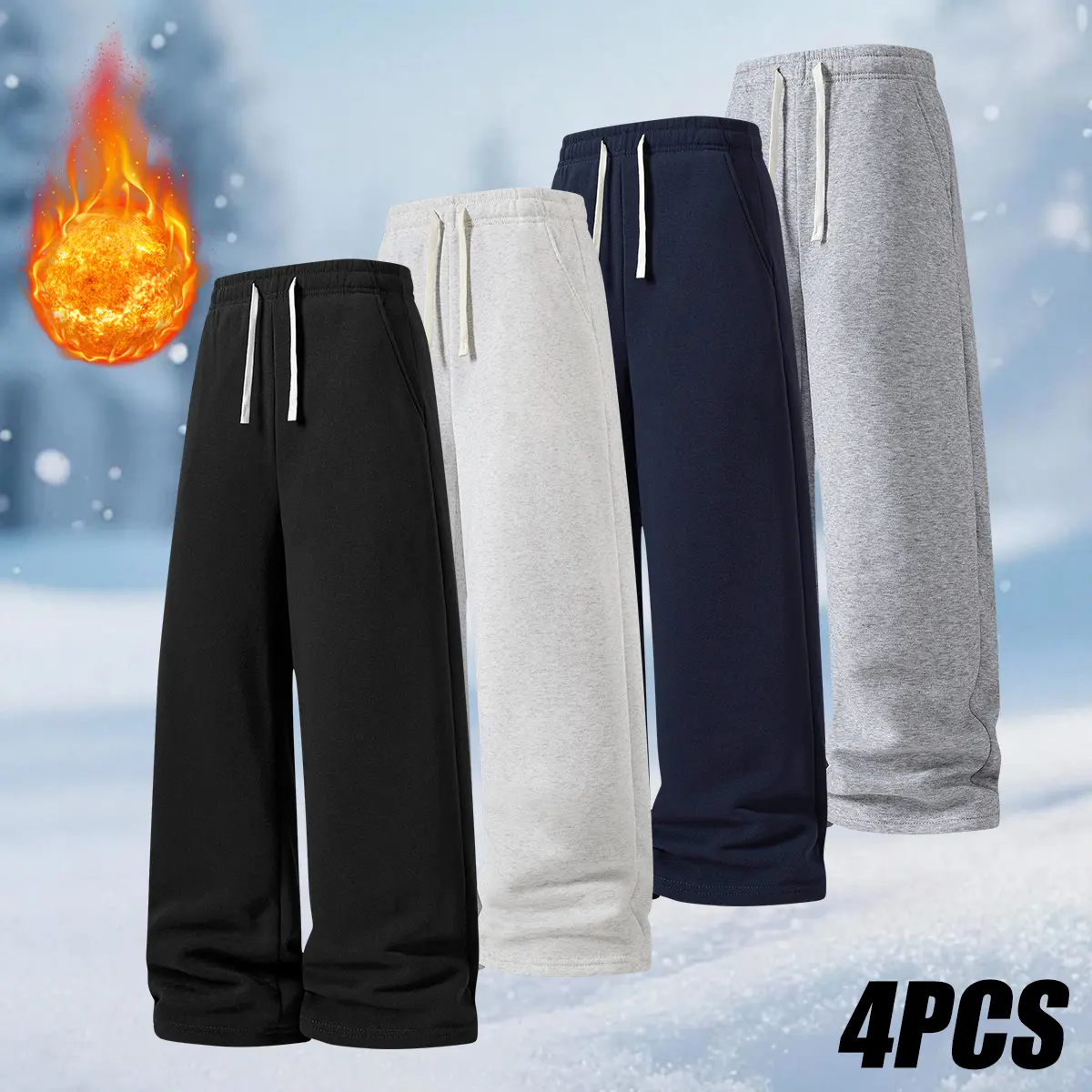 JOGWAVE Men’s 4-Piece Mid-Waist Straight Leg Sweatpants Set, Casual Polyester Athletic Trousers with Drawstring Waist, Side Pockets, Loose Regular Leg, for Home & Travel, Autumn/Winter Machine-Washable Beige Plain Men's Pants