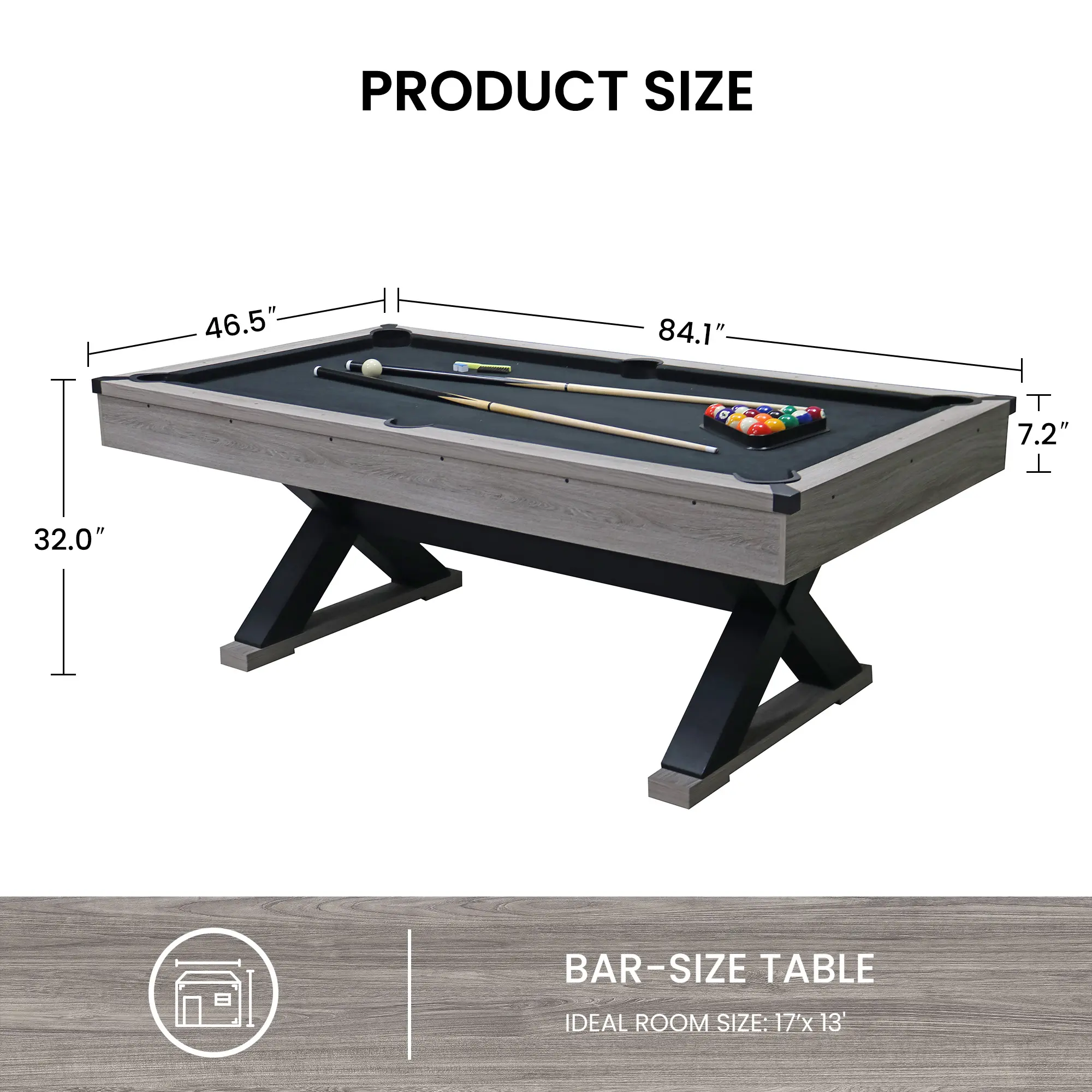 KINMAC Rustic Grey Finish 84" Billiard Pool Table Set with Spacious Gaming Area, 84.1"L x 46.5"W x 32"H, Black Cloth, Sturdy Legs, Pool Cue Sticks, Billiard Balls, Cue Chalk, Cleaning Brush, Pool Cue Stick
