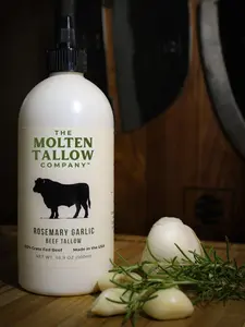 The Molten Tallow Company Rosemary Garlic Beef Tallow 100% Grass Fed 16.9 oz for Rich Flavor & High Heat Performance Natural Dried Snack