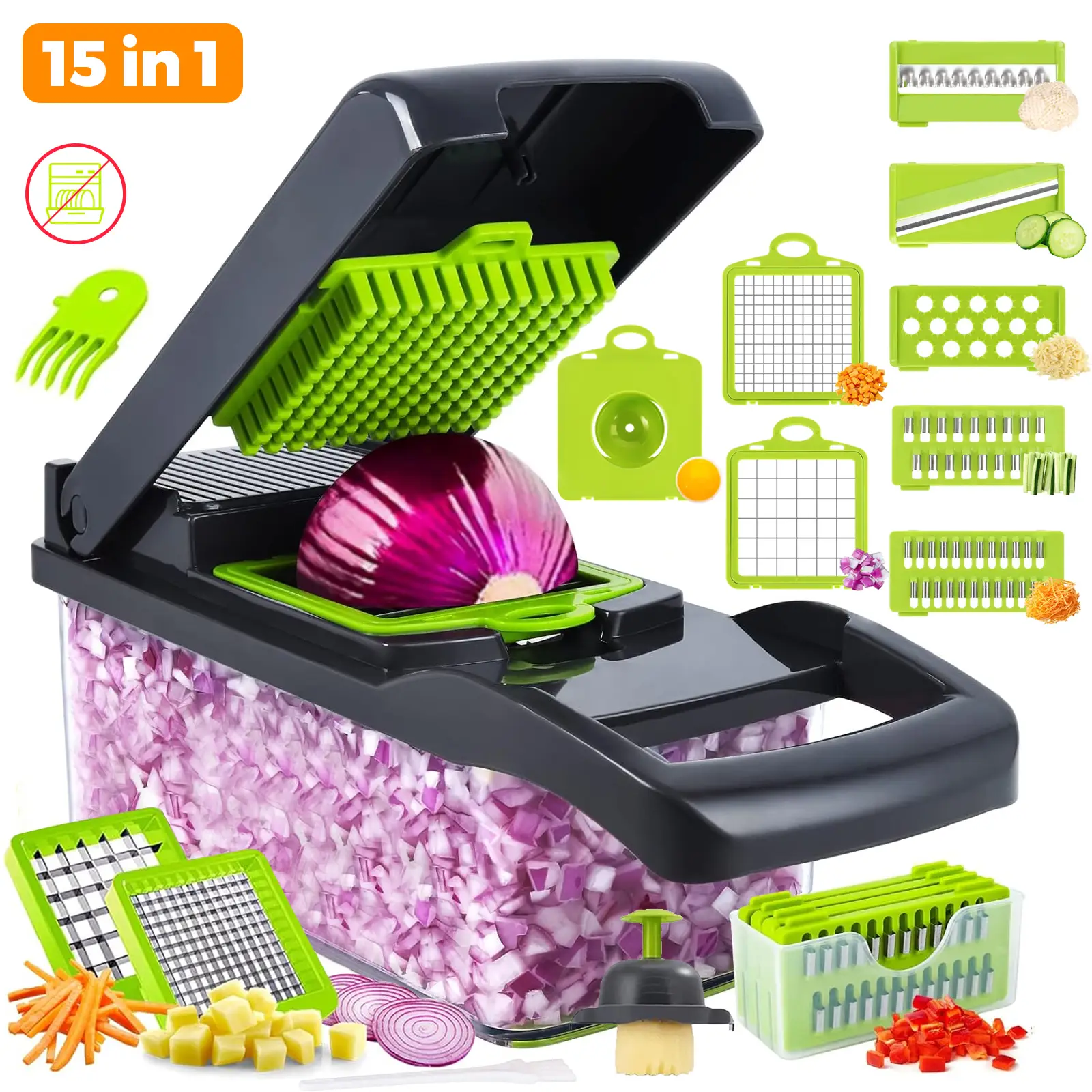 15 in 1 Sturdy Multifunctional Durable Vegetable Chopper with Container, Fast Cutting Machine, Garlic Onion Potato Cutting Machine Slicer, Kitchen Ute