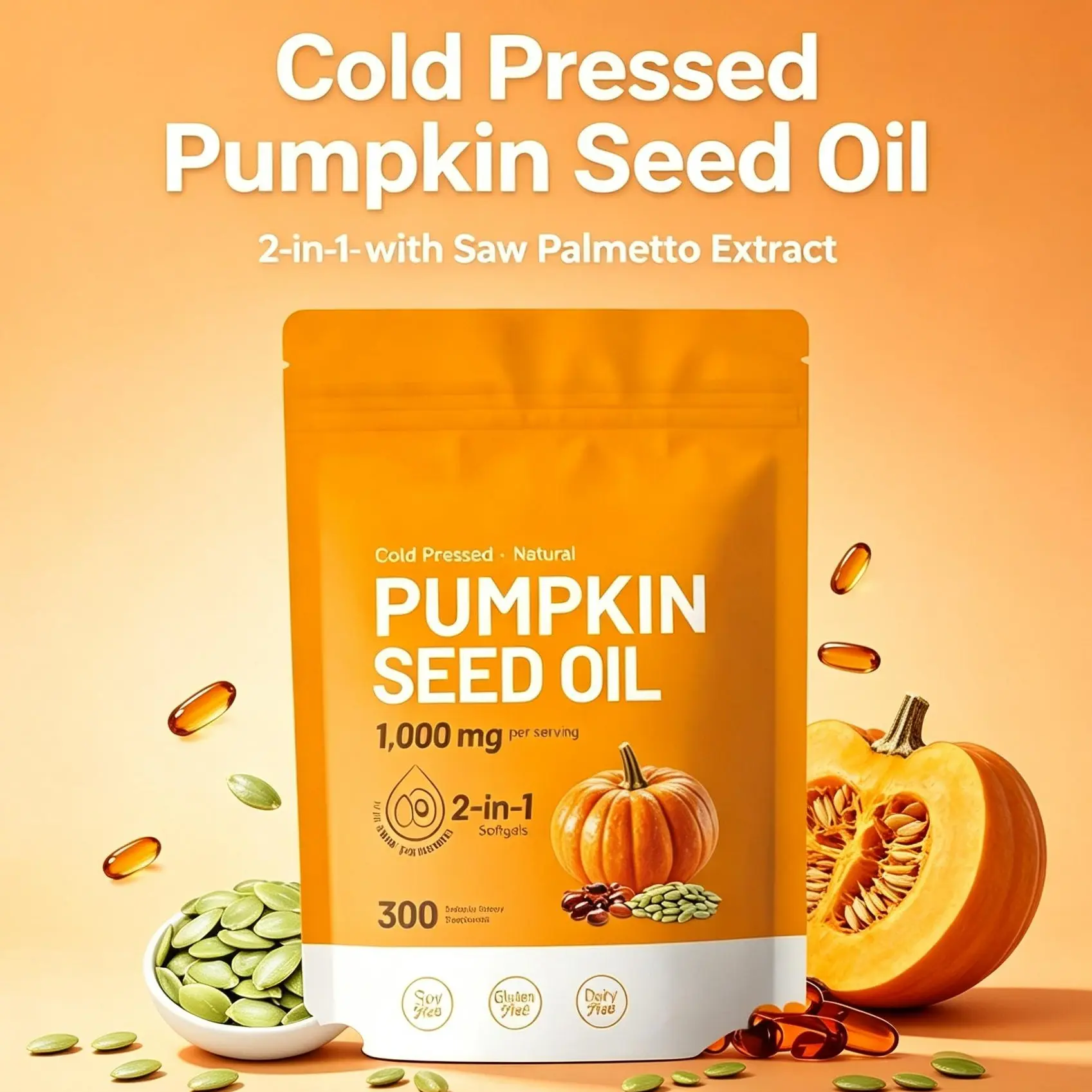 Pumpkin Seed Oil & Saw Palmetto Softgels, 1000mg High-Content Plant Esters, 300 Capsules, SummerVibes Herbal Health Nutrition Supplement (Holiday Gift Option)