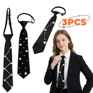 Black Pre-tied Ties with Artificial Pearls Adjustable Uniform Neckties Elegant Neckwear for Party Prom Banquet Date