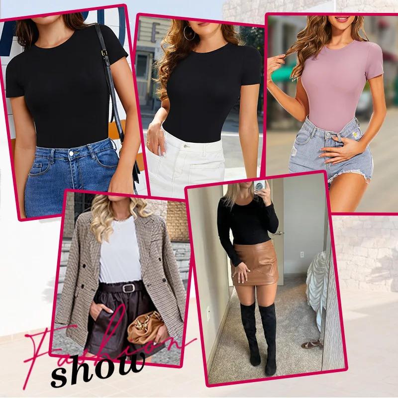 Wholesale Round Neck Short Sleeve Basic Onesie Bodysuit Fashion Black Solid T Shirt Shapewear Bodysuit Top for Women