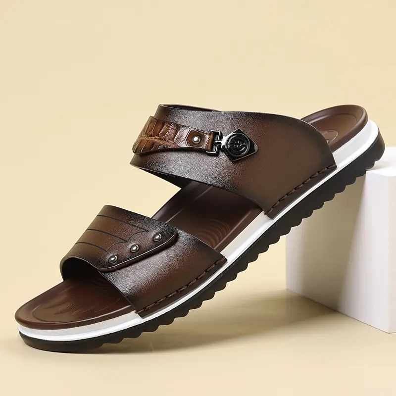 Men's Premium Vegan Leather Slides, Waterproof Quick Dry Non-Slip Casual Sandals, Easy Clean Durable Outdoor Beach Pool Shower Flip Flops for Daily Wear