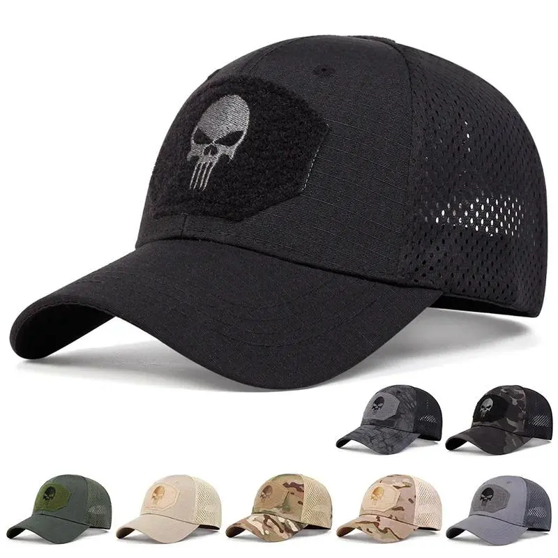 Sturdy Unisex Tactical Trucker Bucket Hat - Mesh Fabric Snapback, Black Graphic Skull Patch, Adjustable Adult Headgear for Hunting, Hiking (Style A)