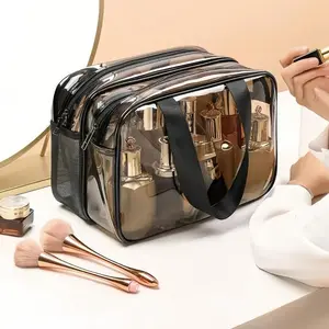 Clear Cosmetic Bag with Double Layer Dry Wet Separation, Large Capacity Transparent Toiletry Organizer for Travel, PVC Waterproof Makeup Case with Handles and Shoulder Strap, Portable Storage for Airport, Bath, Gym, Work, and Stadium Compliance