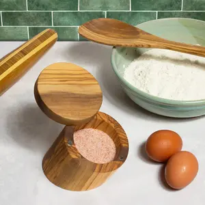 Rock & Branch® Olive Wood Angled Salt Cellar - Magnetic Lock & Swiveling Lid Design - 3.8 oz Capacity - Kitchen Utensil for Seasonings & More