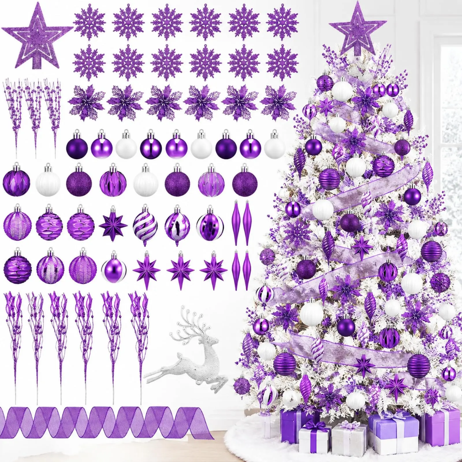 118Pcs Christmas Tree Ornaments Set Including Ornaments Balls, Hanging Snowflakes Icicle, Mesh Ribbon, Tree Top Star, Flower, Berries Stems for Xmas Tree Holiday Party Home Decorations