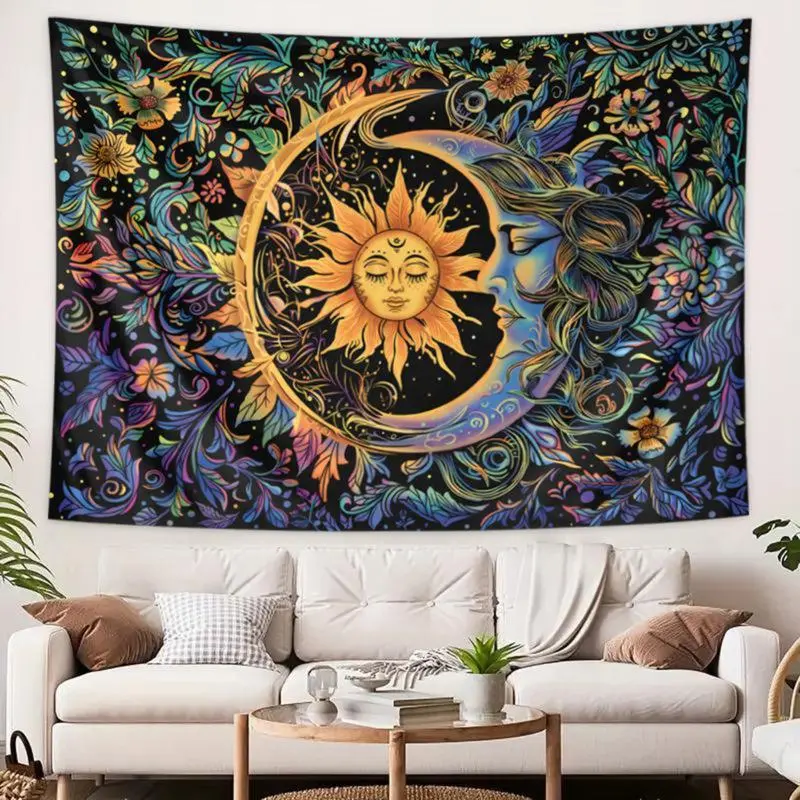 Tapestry  Sun & Moon Pattern Tapestry, 1 Count Boho Style Wall Hanging Tapestry with Free Installation Accessories, Wall Art Decor for Home Living Room Bedroom, Flower