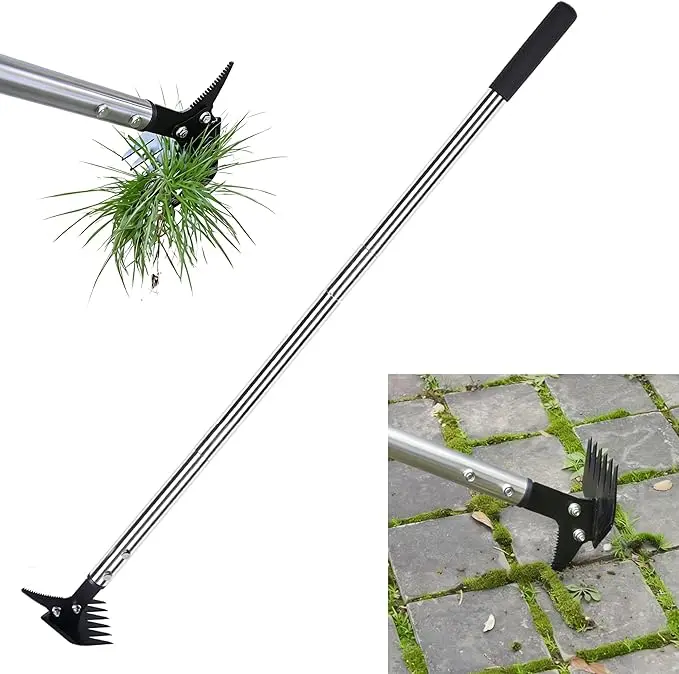 61-in Adjustable Long Handle Weed Puller, 2-in-1 Detachable Head Weed Rake & Crack Weeder, Stainless Steel Garden Tool for Lawn, Sidewalk Cracks