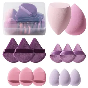 Makeup Sponge Set Triangle Puff 14 Pcs for Liquid, Cream, and Powder, Multi-colored Makeup Sponges and Mini Sponge with Case (A-Purple)