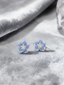 Women's Dreamy Blue Petal Earrings with Mini Pearl Accents Delicate Floral Studs for Date Night Romantic and Charming