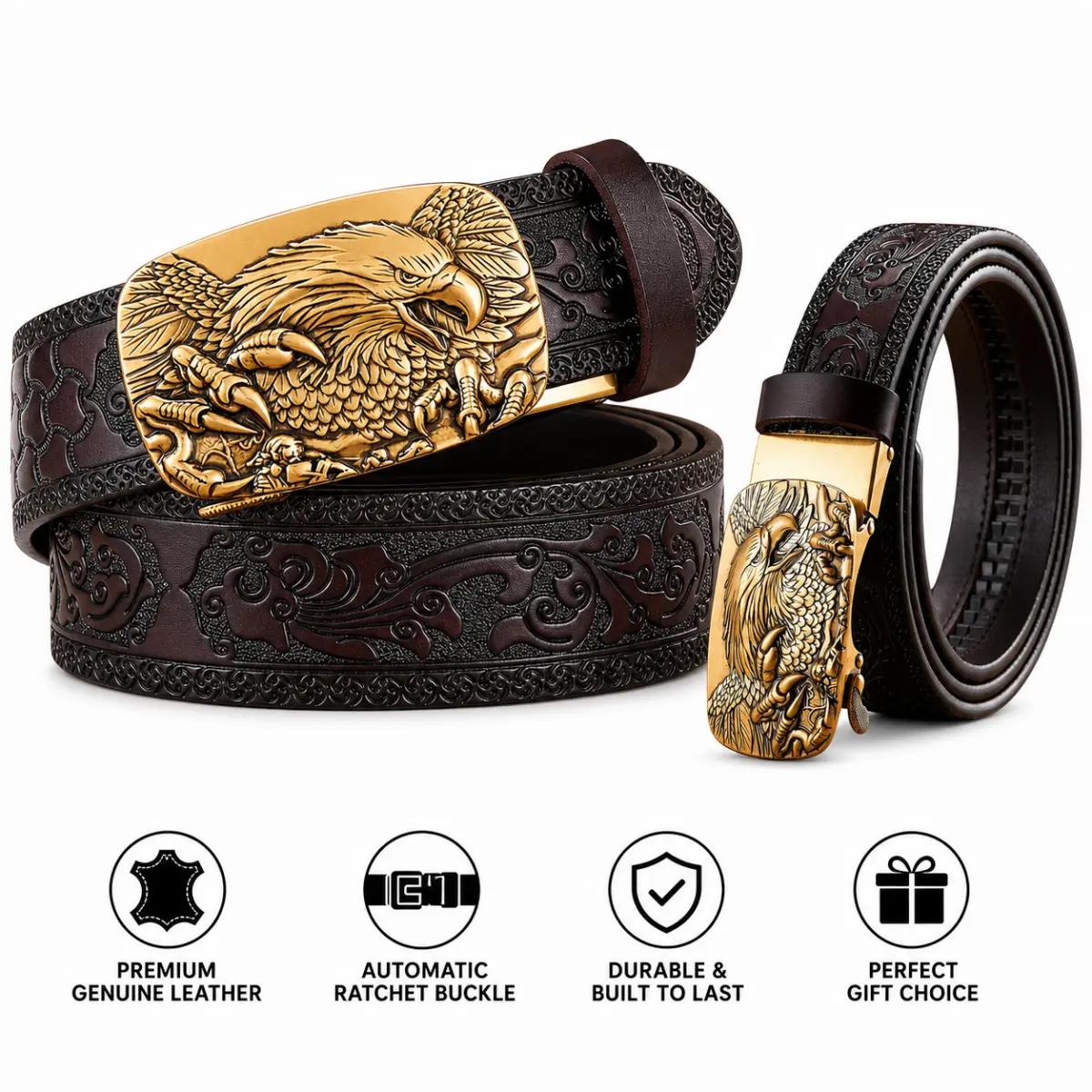 Men's Black Leather Belt, Statement Western Ratchet Design with Engraved 3D Eagle Sliding Buckle, Genuine Cowhide, Black Belt, Chunky Belt