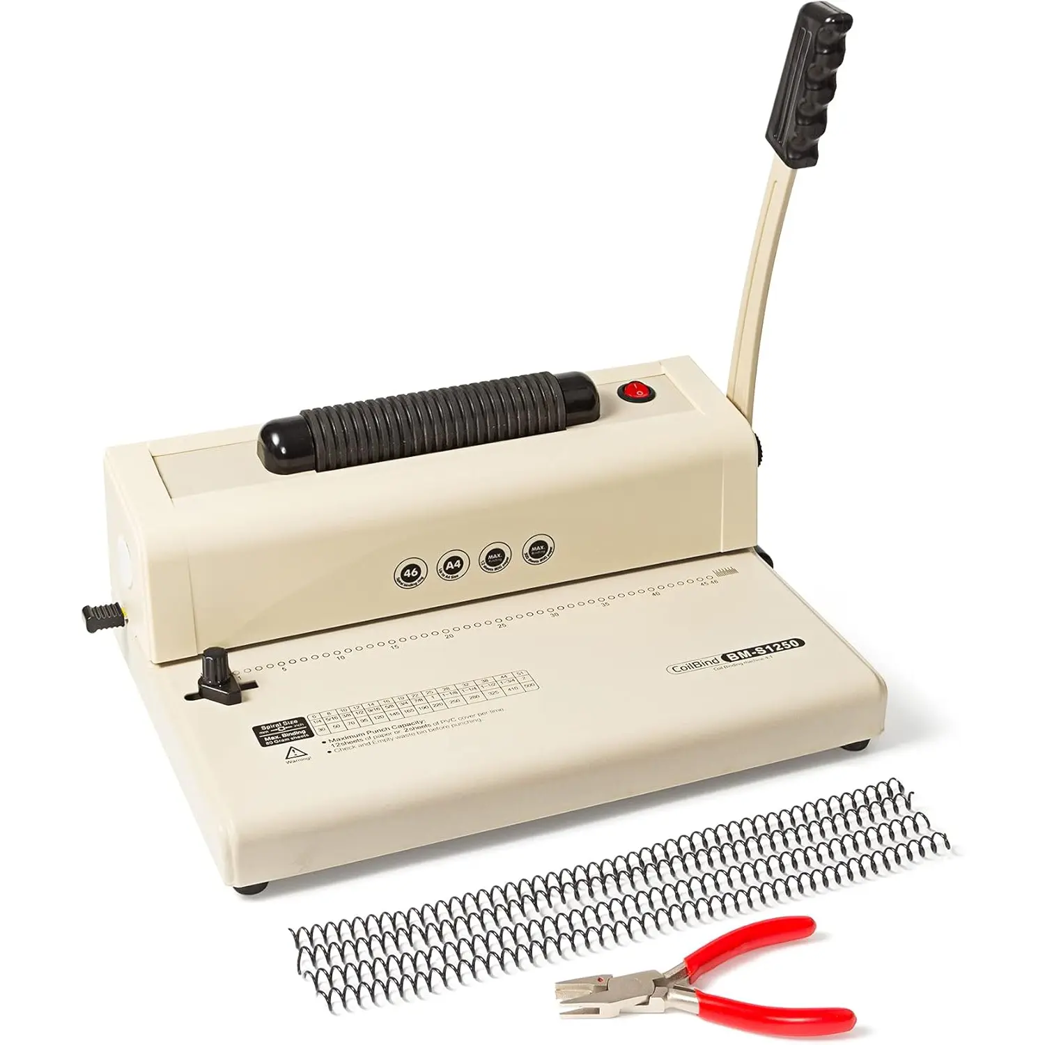 Electric Spiral Coil Binding Machine with 15 Sheet Cap., Open-Throat Design, Margin Adjust. for Home/Office Letter, A4, A5 Book Making, Includes 100 5/16'' Plastic Coil Spines & Plier