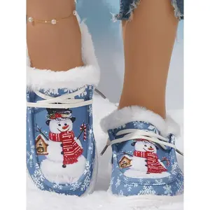 Women's Denim Christmas Cartoon Pattern Loafers, Casual Fashion Shoes for Daily Wear & Office Use, Durable Design