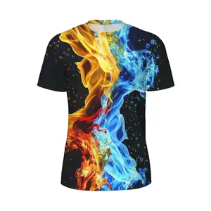 Unisex 3D Fire Ice Contrast Print T-Shirt, Vibrant Flame Water Graphic Tee for Casual Streetwear, Party, Festivals, Trendy Top for Men Women