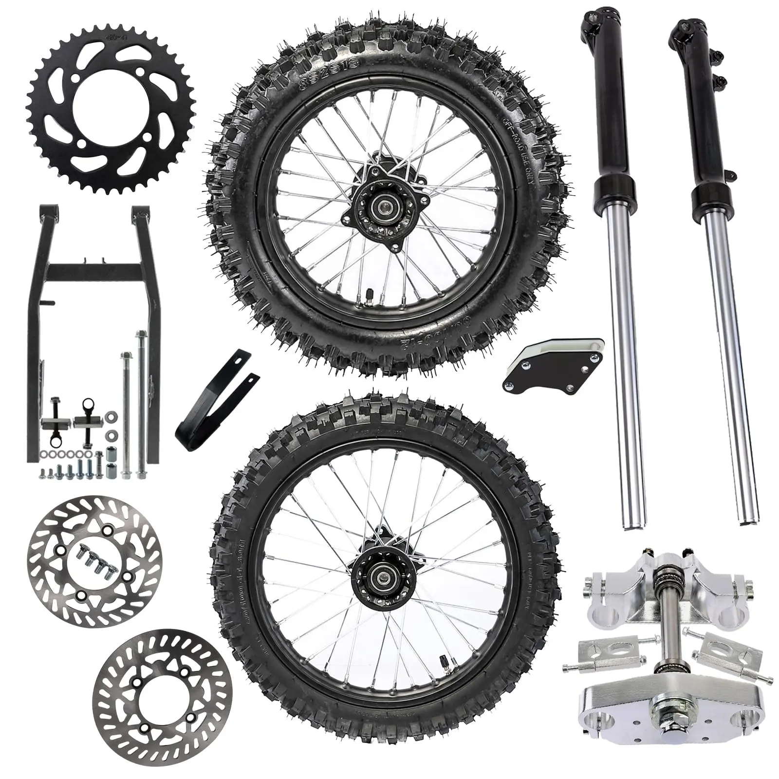 Suisuitong 60/100-14 Dirt Pit Bike Front Wheel + 80/100-12 Rear Wheel + Swing Arm + Front Fork Triple Tree + Brake Caliper & Rotor + Sprocket Kit for Scooter Tail Monkey Pocket Bike Motorcycle CRF XR