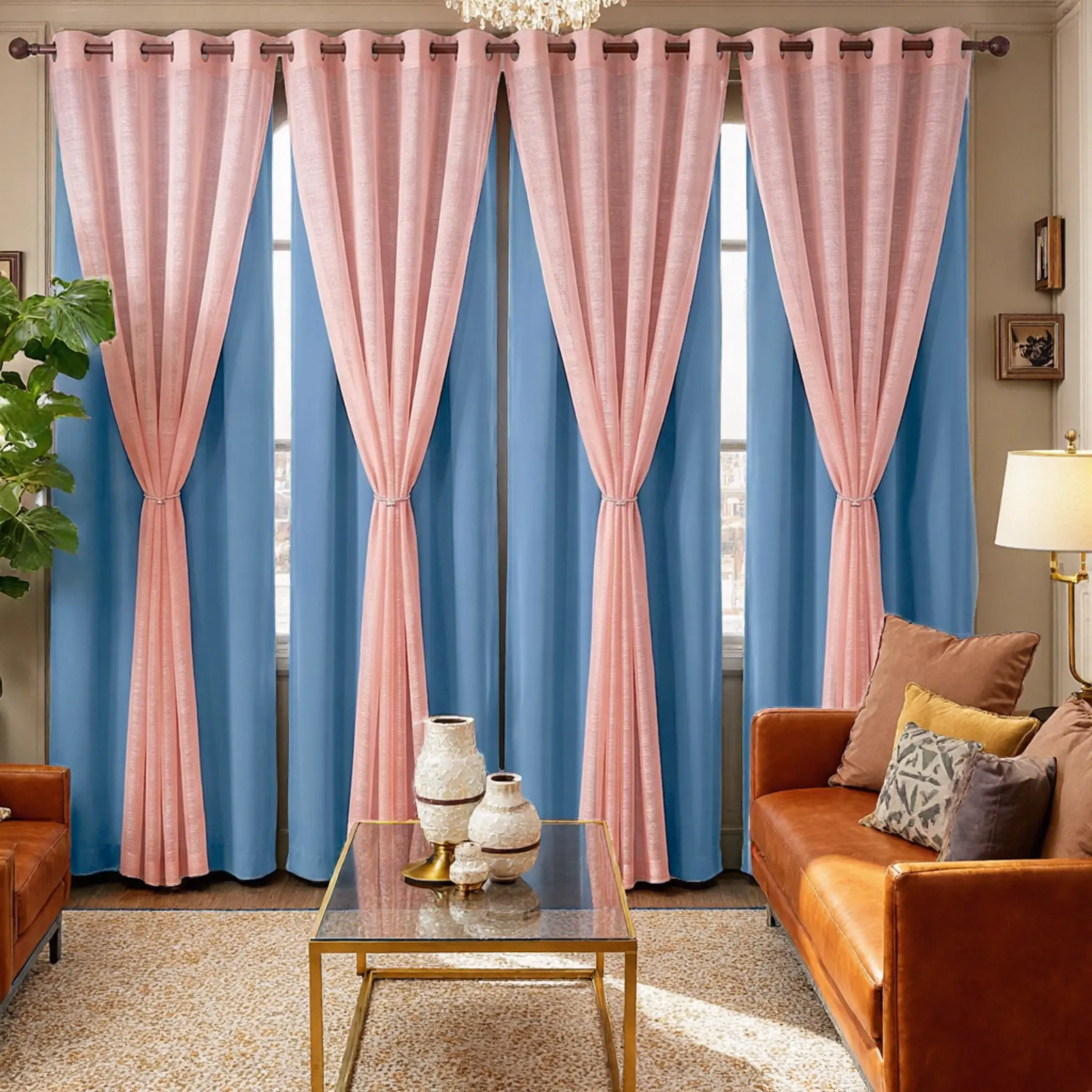 Window Curtain Combo Set (Curtain for Windows) - 8-Piece 52x95 in Grommet Top, 4 Plain Flat Weave Full Blackout Drapes, 4 Wrinkle Resistant Soft Bamboo Gauze Sheers, Non-Customised Dual-Layer for Bedroom, Living Room FT2599 L12