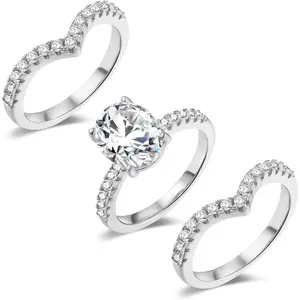 GEMSME 2CT Oval Cut 7 * 9mm Cubic Zirconia Three-in-One Wedding Band Engagement Promise Eternity Ring for Women R-7421