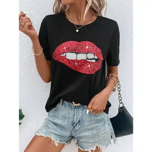 Womens Sequin Red Lips Graphic Tee Short Sleeve Crewneck Soft Stretch Casual Streetwear Top for Summer Outfits Concert Night Out Vacation