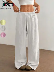 Women's Solid Drawstring Waist Pants, Casual Wide Leg Trousers for Daily Wear, Ladies Bottoms for All Seasons, Casual Chic Trousers