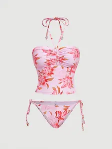 French Vintage Lily Halter Tankini Bikini for Women, Modest Fitted All-Over Print Swimsuit, Perfect for Beach Vacations