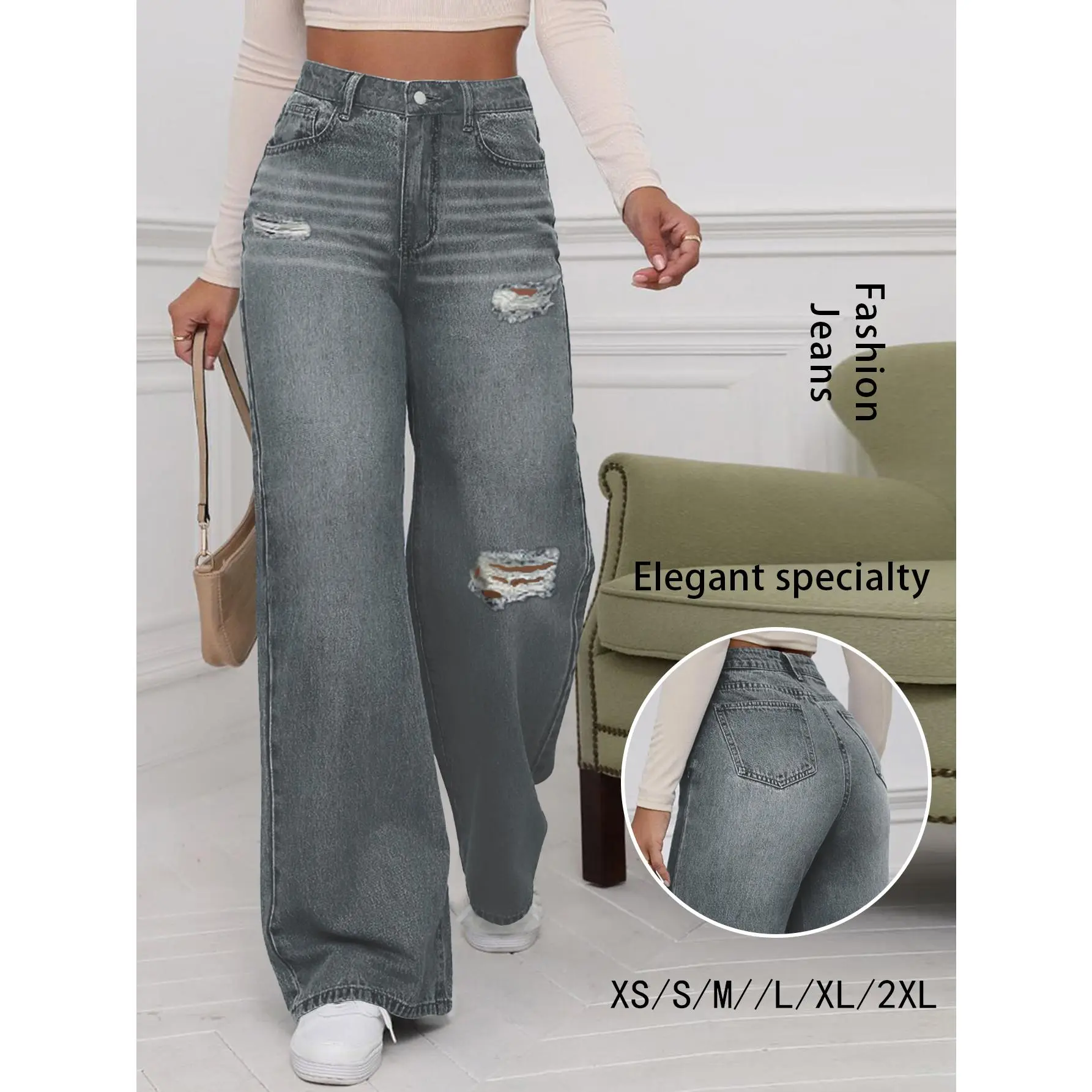 Women's solid color Y2K loose straight leg jeans, paired with torn hole decoration, suitable for all seasons, hit in the middle waist, suitable for vacations, beer festivals, outings, leisure and home stay