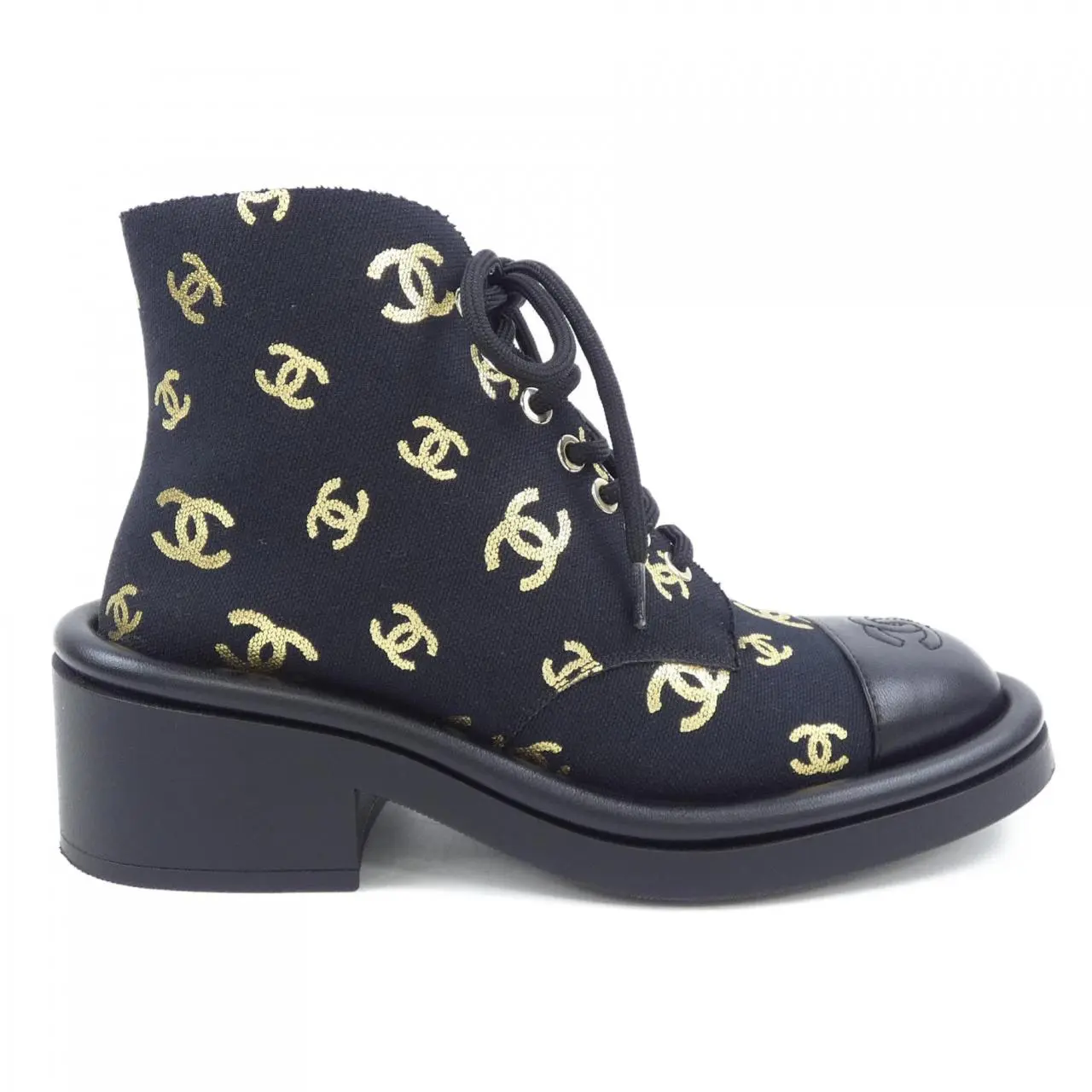 Pre-owned CHANEL Lambskin Small Leather Goods G39093Y56084 Print Fabric/Lambskin Shearling Lace up Boots