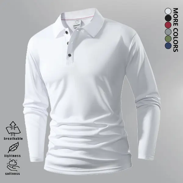 Men's long-sleeve polo shirt, solid color design suitable for various styles, travel, business, golf, sports casual long-sleeve top, stylish and versatile, pullover, traditional fit, knit fabric Classic Menswear blue collar men gifts