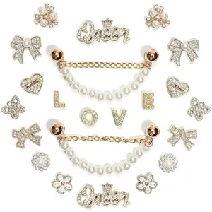 SOGLLQAM Sparkling Rhinestones and Pearls Shoe Charms Set with Elegant Shoe Chains, Love Queen Letter Charms for DIY Women's Clog Sandals Decorations | Trendy Shoe Accessories for Party and Special Occasion Gifts Footwear