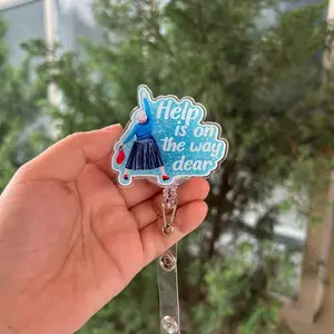 “Help Is On The Way Dear” Meme Badge Reel – Funny Retro Lady ID Holder – Work Humor Accessory