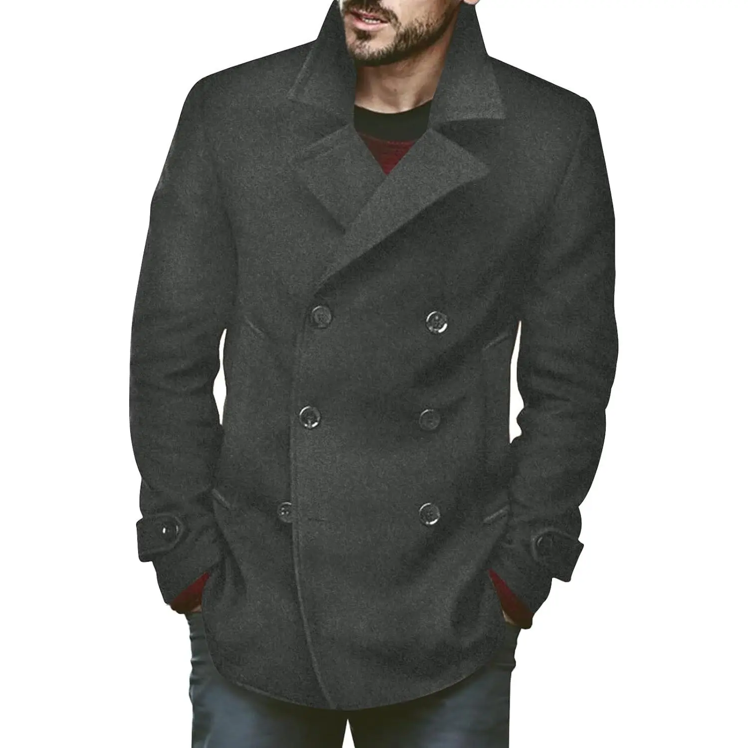 PASLTER Mens Classic Business Pea Coat Winter Warm Double Breasted Heavyweight Trench Coats Menswear Jackets