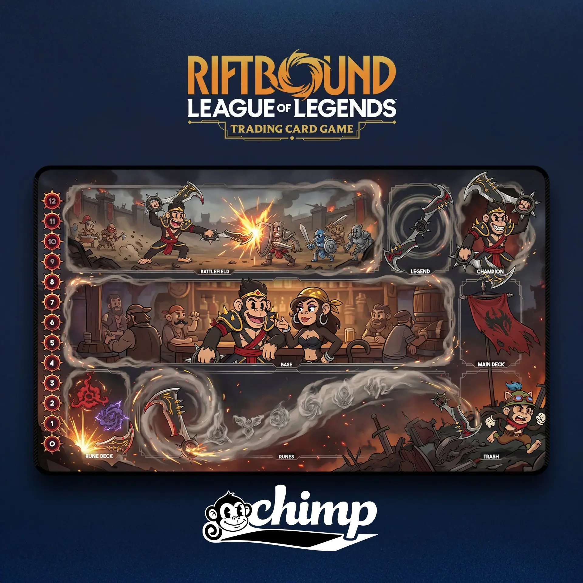 Draven Chimped Riftbound TCG Playmat - Rubber and Fabric Edge Stitched 3mm Thick 24in x 14in For Competitive Play