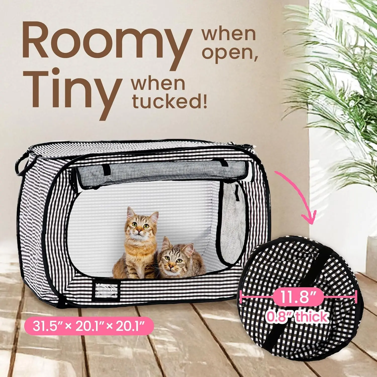 Pressure-Free Enclosed Cat Travel Cage 31.8inch Length x 20inch Width x 20inch Height Foldable Gray White Striped |   Pop-up Shelves, Cargo Boxes