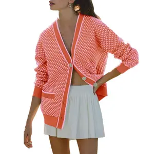 Fisoew Womens Stitch Knit Lightweight Cardigans Long Sleeve V Neck Button up Cardigan Sweaters with Pockets