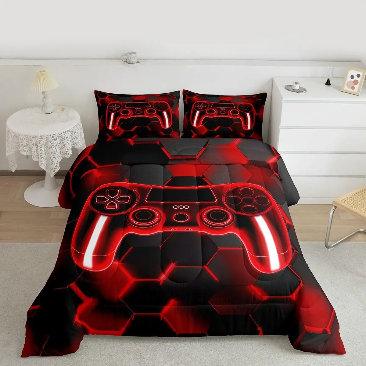 Gamer Duvet Quilt Gaming Bedding Set for Kids Boys Girls Teens Room Decor Red and Black Game Console Comforter Set Gamepad Honeycomb Breathable Soft Lightweight Microfiber