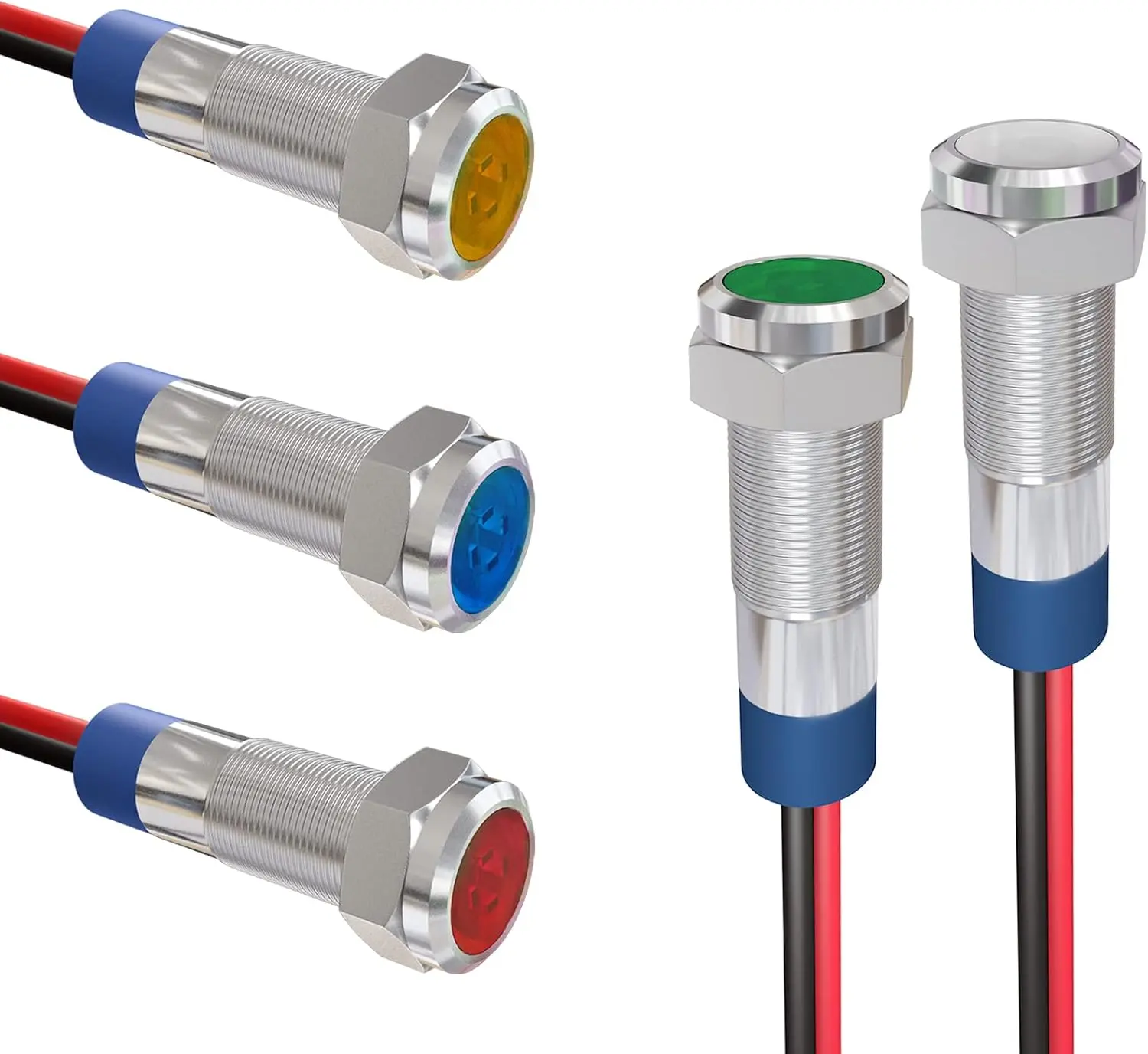 APIELE Mini Metal Body Waterproof IP65 Indicator Lights, 6mm/1/4" Panel Mount LED Pilot Dash Lamps, 12V-24V AC/DC, 5 PCS with 150mm Wire, Multi-Color, Long-Lasting for Automotive & Motorcycle Use