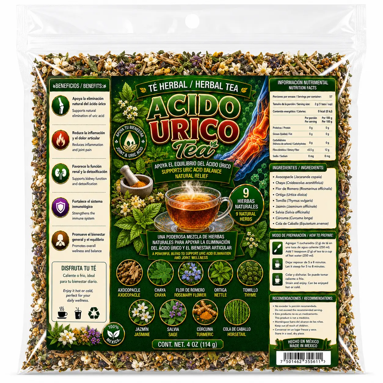 Viral Acido Urico Compuesto Herbal Tea Premium 4oz (114g) – 100% Natural Herbal Infusion – Hecho en Mexico – Makes 40+ Cups – Herbal Mixture for Comfort – Non-GMO | No Cafeína