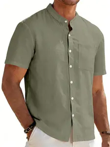 Men's Summer Linen Breathable Cardigan, Loose-Fit Casual Stand Collar Beach Short Sleeve Shirt, Pure Color Plain Fashion Top for Europe & America