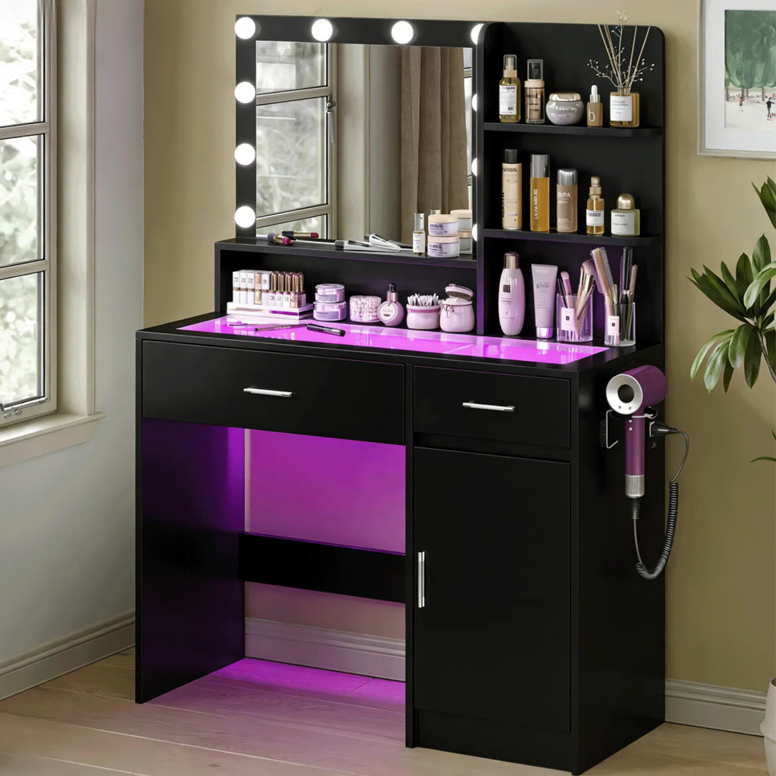 CollaredEagle Vanity Desk Makeup Vanity Table with LED Lights Glass Top USB Charging Ports Adjustable Brightness Drawers for Bedroom